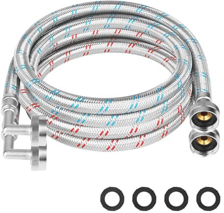 KEOKLE Mangueras de lavadora, mangueras de lavado de codo de 90 grados de 5 pies, paquete de 2 cables de suministro de agua trenzados de acero inoxidable a prueba de explosiones, ajuste universal para