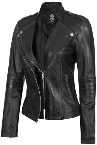 Decrum Echtlederjacke Damen - Motorrad-Stil Lammfell Rot Braun und Schwarz Lederjacke Damen, Monica - Schwarze Lederjacke für Damen, X-Large