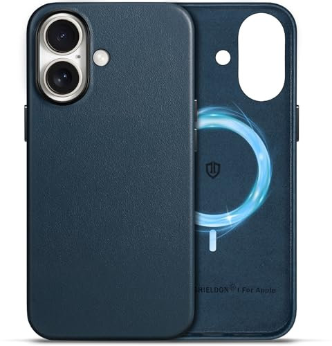 SHIELDON Case for iPhone 16 6.1 2024, Genuine Leather Slim Case [Metal Button][Non-Slip][Anti-Scratch][Wireless Charging] Protective Phone Cover Compatible with iPhone 16 5G - Dark Blue