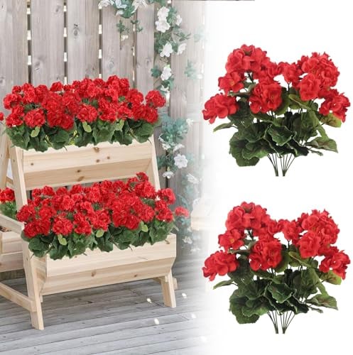 Funvalley Surperfect Künstliche Geranien für den Außenbereich, UV-beständig, künstliche Geranien, realistische rote Seidenblumen, Kunstpflanzen für den Innen- und Außenbereich, Balkon, 4 Stück