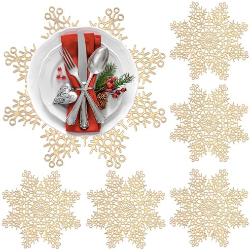 Schneeflocke Tischsets 6er Set,PVC Weihnachten Platzset Dekorationen Schneeflocke Tischsets Ausgehöhltes Design Runde Platz Mats Esstisch Einstellung Küche Tischsets für Weihnachten Hochzeit (Gold)