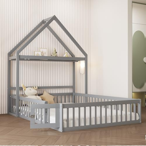 Kinderbett Bodenbett Doppelbett 140x200 cm mit Sicherheitsgitter&Lattenrost&Dach&Kleiderstange, Montessori Bett Bed Gitterbett Hausbett Holzbett Bettgestell Jugendbett, Kiefernholz, Ohne Matratze,Grau