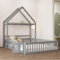 Kinderbett Bodenbett Doppelbett 140x200 cm mit Sicherheitsgitter&Lattenrost&Dach&Kleiderstange, Montessori Bett Bed Gitterbett Hausbett Holzbett Bettgestell Jugendbett, Kiefernholz, Ohne Matratze,Grau