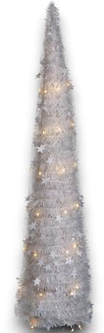 Albero di Natale Bianco Slim Richiudibile Pop-UP 90 cm TINSEL con Luci Led per esterno incluse Base a Croce in Metallo Decorazioni Natalizie Ø 33 cm conico (180 cm - 108 led)