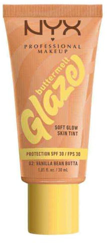 NYX Professional Makeup Base de Maquillaje Iluminadora Buttermelt Glaze, Acabado Natural y 12H de Duración, Con SPF 30, Para Todo Tipo de Piel, Tono: 02 Vanilla Bean Butta
