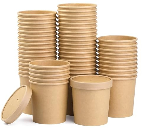 CaterCo Disposable Kraft Soup Containers with Lids (16oz / 470ml - 250 Pack) Brown Paper Takeaway Paper Soup Cups, Microwave & Freezer Safe Ice Cream Container, Eco-Friendly (16oz / 470ml - 250 Pack)