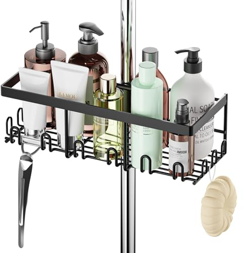 HouseUp Duschablage Ohne Bohren, Duschregal Edelstahl für 18 mm-25 mm Duschstange, Shampoo Halterung für Dusche Badezimmer Organizer (Schwarz)