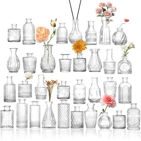 Glass Bud Vase Set of 33 Pcs, Vintage Clear Small Vases for Flowers, Glass Bud Vases in Bulk, Mini Vase for Centerpieces, Wedding, Home Decor and Events