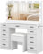 Makeup Table Set with Large Mirror and Lights, Vanity Desk with 11 Drawers, Storage Cushioned Stool, Power Outlet, 3 Lighting Modes, Dressing Table for Bedroom Dressing Room (White)