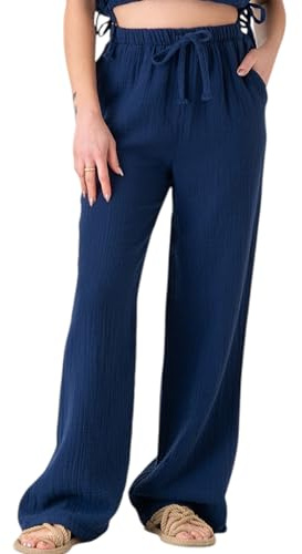 Palazzohose MusselinDamen Sommerhose 100 % Baumwolle, elastischer Bund