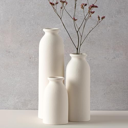 Modern Ceramic Vases Set, 3 Pieces, Decorative Flower Vases in Various Sizes (White)