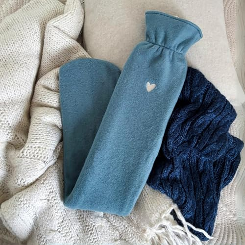 kontor28® - Wärmflasche Lang mit Bezug aus 100% Bio-Baumwolle MADE IN GERMANY & TÜV geprüft | Lange Wärmflasche Fleece mit 2,5L Volumen handgemacht & auslaufsicher | kuscheliger Wärmeschlauch - Blau