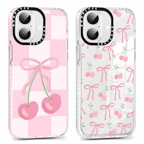 Foonary 2 Pack Cute Bow Cherry Print Phone Case for iPhone 16 6.1, Fashion Design Soft Slim Clear Case Shockproof TPU Bumper Protective Cover for Women Girls