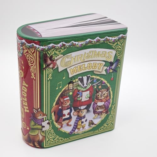 MediMuc Kleine Buchdose Xmas Song grün Weihnachtsdose, Aufbewahrungsdose, Keksdose, Blechdose aufwändig geprägt und bedruckt lebensmittelecht - Vol. 1,75l - Maße: (L x B x H): 17,5 x 15,2 x 8,8cm