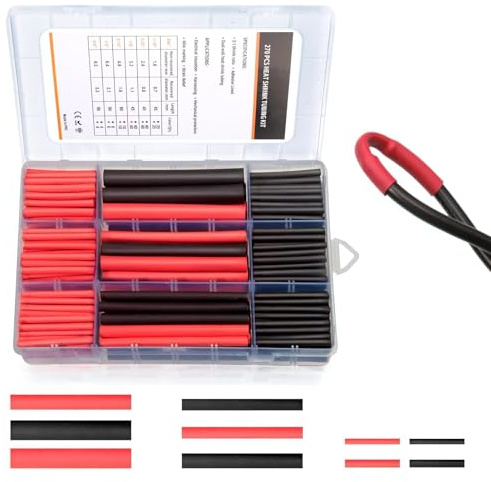 Kit de Tubos Termorretráctiles con Adhesivo, 270 Piezas, 3:1 | Doble Pared de Poliolefina en Rojo y Negro, 5 Tamaños para Reparar, Aislar y Proteger Cables de Coche, Barco y Hogar
