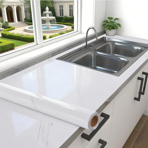 Aovanta 40cm x 10m Gloss Marble Vinyl Wrap for Furniture, White Worktop Vinyl Covering, Heat-Resistant Wrap Roll Self-Adhesive Furniture Sticker for Kitchen Worktops Countertops