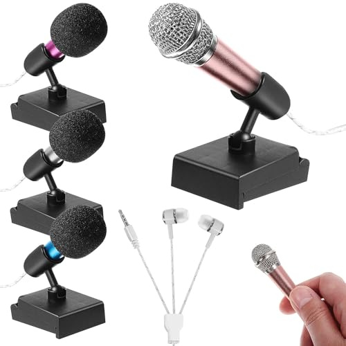 SEWACC Lot de 12 Sets de Mini Microphones Portables Multicolores avec 4 Supports de Bureau Noirs et 4 Bonnettes Anti-Vent Noires, Micro Compact pour Ordinateur et Téléphone,
