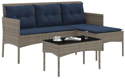 vidaXL Gartensofa-Set mit Kissen 2 pcs Grau und Marineblau Poly-Rattan, Garten und Terrasse, L-Form, modernes Outdoor-Sofa, langlebiges Rattan-Set, wetterbeständig, Terrassen-Lounge