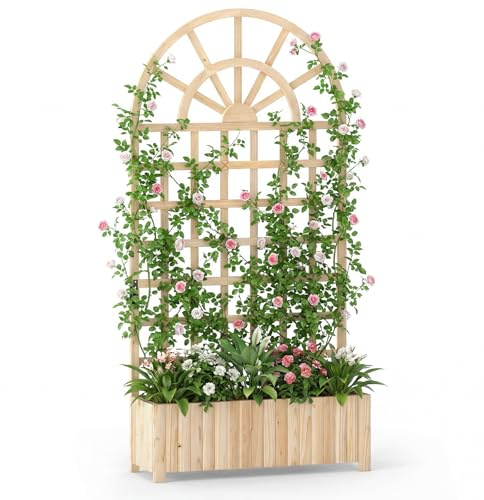 COSTWAY Blumenkasten mit Rankgitter, Pflanzkasten für Kletterpflanzen, Hochbeet mit Spalier & Entwässerung, Blumenkübel für Garten Balkon Sichtschutz, Gartenspalier Holz (91 x 30 x 182 cm, Natur)