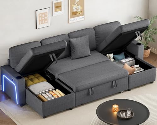 Corner Sofa Bed, U Shaped Pull Out Sleeper Sectional Couch Bed with USB & Type-C Ports, Adjustable LED Lights, 3 Seater Convertible Sofa Bed with Storage Chaise and Cup Holders for Living Room, Grey
