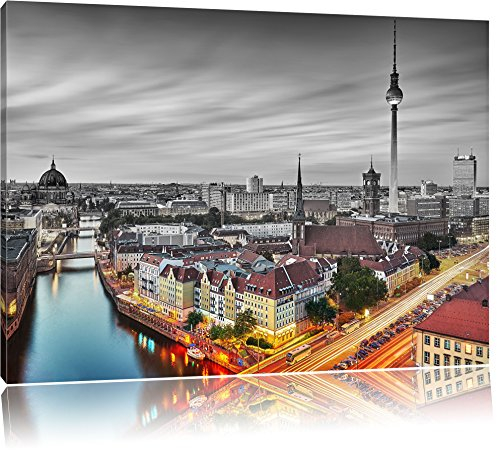 Pixxprint Berlin City Panorama, Größe: 120x80cm, Leinwandbild, fertig gespannt, Wandbild, Dekoration, Kunstdruck, kein Poster