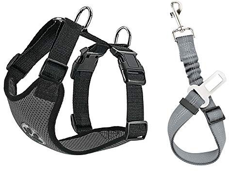 SlowTon Hundegeschirr mit Sicherheitsgurt für Auto, Doppellagiges atmungsaktives Latex-Netzgewebe Welpengeschirr, reguläres Sicherheitsgeschirr Hund für alle alltäglichen Sportarten(Dunkelgrau, XXS)