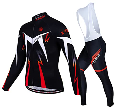 X-TIGER Herren Langarm Radtrikot Set Winter Radsportanzüge mit 5D Gel Gepolsterten Trägerhosen
