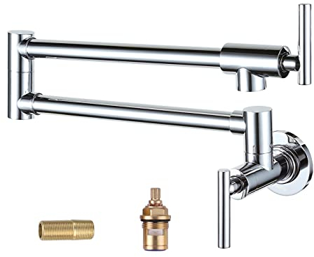 WOWOW Pot Filler Faucet Chrome Commercial Wall Mount Stove Faucet, Brass Pot Filler Folding Faucet Over Stove, Kitchen Pot Faucet with Double Joint Swing Arms