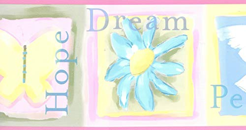 Dundee Deco BD6288 Tapeten Bordüre, vorgeklebt, für Kinder, Pink, Blau, Grün, Hoffnung, Traum, Frieden, Liebe, Tapetenbordüre Retro-Design, 4,57 m x 11,4 cm