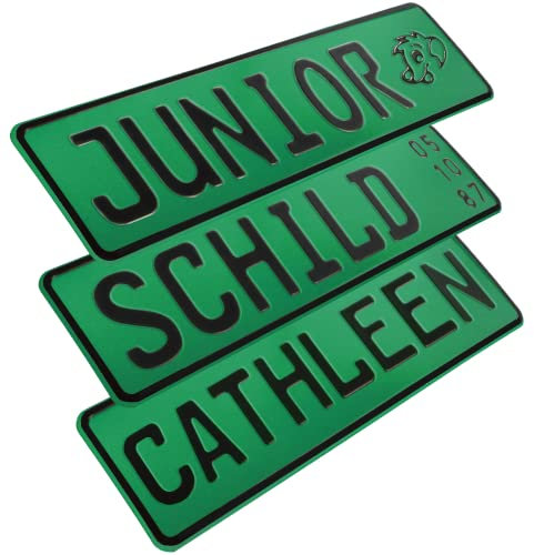 1 Stück Kennzeichen Junior-Schild 34cm x 9cm Bohrung Farbwahl Wunschtext Wunschprägung Muster Datum Namenskennzeichen Bohrung / Saugnäpfen Namensschild Bobbycar Kettcar FUN Schild in Grün