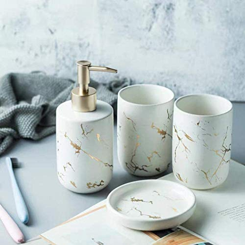 FülleMore 4-teiliges Keramik Bad-Zubehörset Marmor Optik Badaccessoires 300ml Seifenspender,Seifenschale, Zahnbürstenhalter/Zahnputzbecher Badezimmer Set (Weiß)