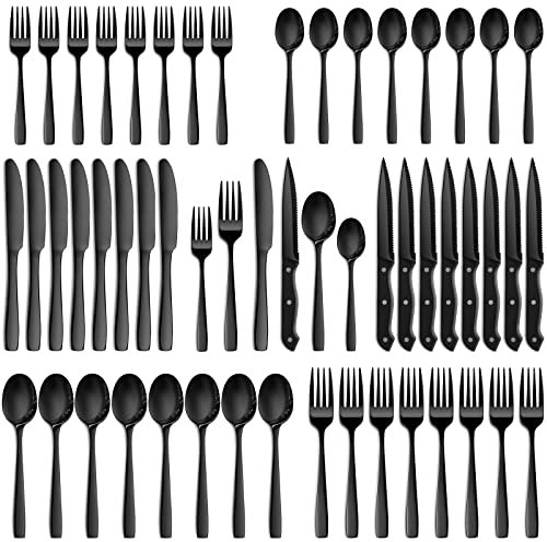 NETANY - Set di posate nere da 48 pezzi, set di posate in acciaio inox per uso alimentare, per 8 utensili da cucina, finitura a specchio, lavabile in lavastoviglie