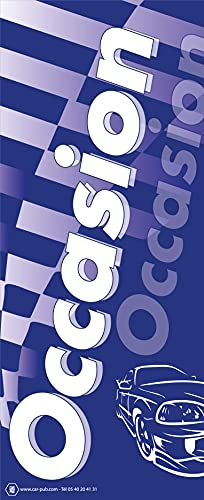 Drapeau OCCASION bleu 2,20 m x 0,90 m pour concession automobile, visibilité optimale sur parc.