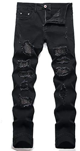 OIIIO Men's Patch Ripped Stretch Regular Fit Jean, Black-6603, 32