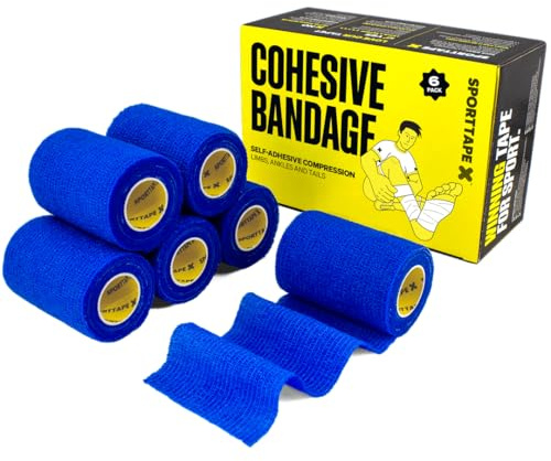 SPORTTAPE 6 Rollen Verband Selbstklebend, 7,5 cm x 4,5 m Kohäsive, Blau | Bandage für erste hilfe, Kompression, Sportverletzungen und tierarztwickel für Hunde und Pferde