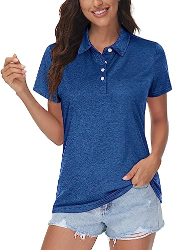 MAGCOMSEN Damen Kurzarm Poloshirts Quick Dry Golfshirts Sport Polo Funktionsshirts Tennis Sommershirt Frauen Klassisch Polohemd Leicht Jogging Shirt für Gym Outdoor Mittelblau XXL