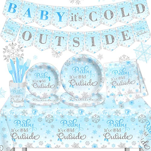 Baby It’s Cold Outside Baby Shower Decorations-142Pcs Winter Wonderland Plates and Napkins Set Snowflake Frozen Blue Baby Shower Party Supplies for Boy (Blue)