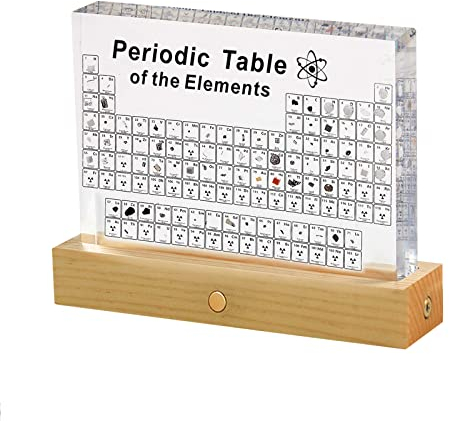 Periodensystem, Periodensystem mit 83 Echten Elementen aus Acryl, klares Periodensystem mit Holzhalter und Bunte Lichter, für Studenten Lehrer Geschenk Basteln Dekoration (Type A)