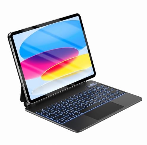 nimin Tastatur Hülle für iPad A16 2025 und iPad 10 Generation 2022 mit Trackpad, Magnetische Aufhängung Design, 7 Farbige Beleuchtung, QWERTZ Deutsches Layout, Schwarz