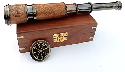 Antikes Teleskop 1920 London Messing Maritim 15X Vintage Piraten Spyglass Teleskop - Funktionales Messing & Clear Vision Piraten Teleskop 16 mit Premium Qualität Boxen (Teleskop mit Holzbox)