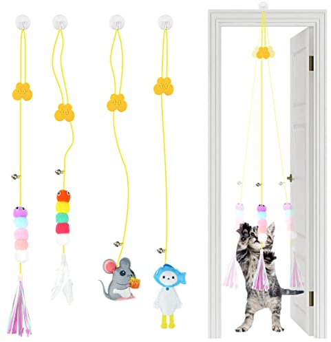 Vaktop Door Hanging Cat Toy, 4 PCS Cat Toys Interactive for Indoor Cats, Jumpy Cat Toy, Self-Play Chasing Exercise Entertain Cat Toys - for Hunting Exercising Eliminating Boredom