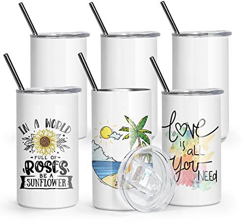 AGH Sublimationsbecher, Edelstahl, gerade, doppelwandig, Vakuum, 6 Stück, für Kinder, Sublimationsglas, Rohlinge mit Deckel und Strohhalmen, für selbstgemachtes Geschenk, Kaffee, Tee, Getränke, 340