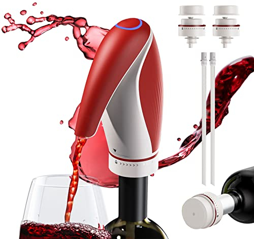 Decantador Eléctrico Dispensador de Vino, Aireador Automático de Vino, Decantador Recargable Inteligente para Regalo de Fiesta Familiar con 2 Tapones de Vino, Rojo