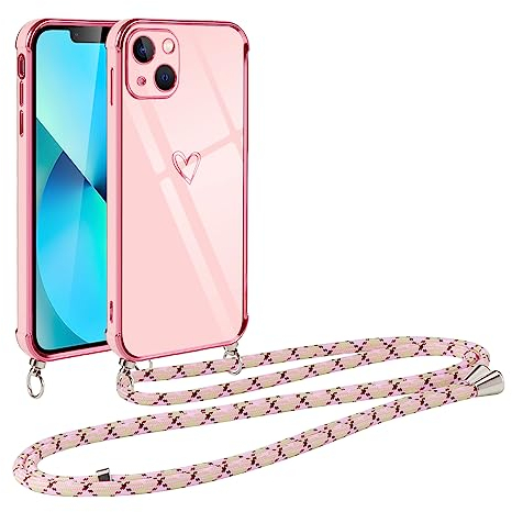 Vauki Coque pour iPhone 13 Mini avec Cordon de Collier, Galvanisé Etui Housse avec Motif Coeur d'amour, Antichoc Anti-Rayures Case avec Bandoulière pour iPhone 13mini 5.4, Rose