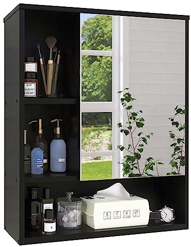 SMIBUY Badezimmerschrank mit Spiegel an der Wand montiert, Bambus-Aufbewahrungs-Organizer über der Toilette, platzsparender Medizinschrank mit 2 Türen und verstellbaren Einlegeböden (Schwarz)