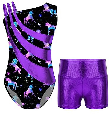 iEFiEL Mädchen Einhörner Turnanzug Glänzend Gymnastik Leotard Kinder Kleidung Set Ballett Trikot Tanz Kostüme mit Überkreuzte Träger Xb Violett 98-104