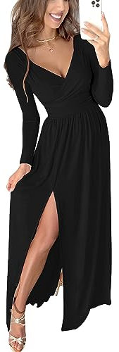 JENJON Femme Robe Col V Elegant Manches Longues Plissée Elastique Robes 2.0 Solide Cassique de Casual