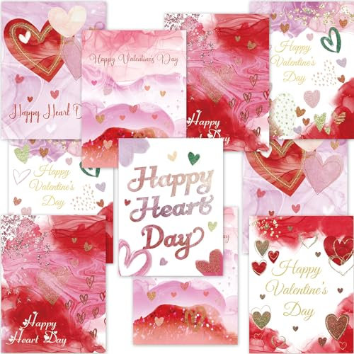 WorldBazaar Assortiment de cartes de Saint-Valentin Happy Heart Day - 24 pièces - Rose aquarelle pailletée - Cartes de Saint-Valentin avec enveloppes en vrac - Pour anniversaire de mariage, école,