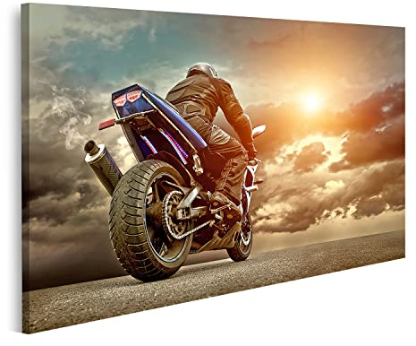 Prime Bild auf Leinwand Biker Motorrad Sonnenstrahlen Racer Himmel Mit Wolken Wandbild Poster Kunstdruck Bilder