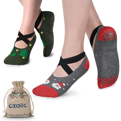 Ozaiic Yoga Socken rutschfeste für Damen für Pilates, Barre, Ballett, Tanz (EUR 35-41, 2 Paar-Grau/Grün)